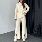 Cozy Ribbed Knit with Slit-Leg Pants(Two-Piece Set)