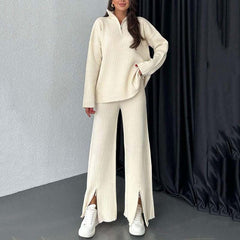 Cozy Ribbed Knit with Slit-Leg Pants(Two-Piece Set)