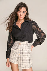 Black Pointed Collar Textured Mesh Shirt