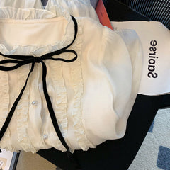 Lvory Long Sleeves Ruffled Neckline Blouse