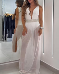 Deep V Sleeveless White Mesh Slit Long Beach Vacation Dress