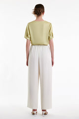 Yellow Green Flounce-Trimmed Short Sleeve Blouse