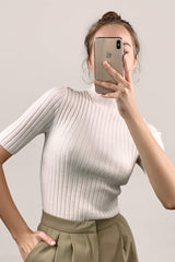 White Mock Neck Short Sleeve Wool-Blend Ribbed Knit Sweater
