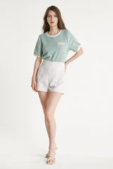 Light Green Textured Round Neck Contrast Trim Detail Blouse