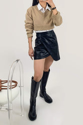 Tan V-Neck Ribbed Trim Cropped Sweater