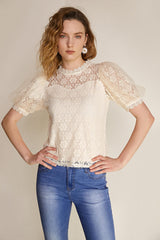 Ivory Floral Lace Round Neck Puff Sleeve Blouse