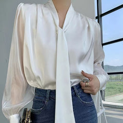 White Tie Lantern Sleeve Blouse