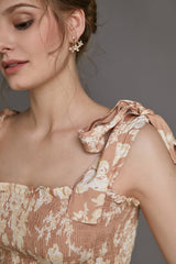 Bisque Floral Print Tie Strap Smocked Ruffled Maxi Dress