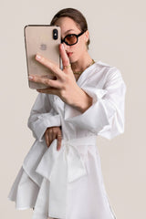 White Wrap-Effect Tie Waist Button-Up Mini Shirt Dress