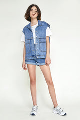 Steel Blue Collared Flap Pocket Button Front Denim Vest