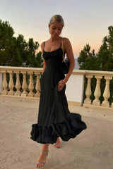 Black Slip Petal Hem Midi Dress