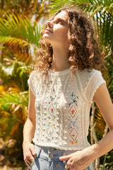 White Floral Embroidery Knitted Crop Top