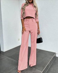 Fashionable solid color high waisted straight pants suit