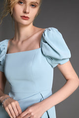Light Blue Square Neck Puff Sleeve Mini Dress