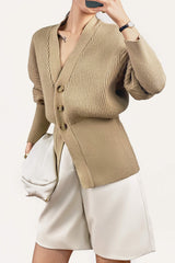 Tan Balloon Sleeve Ribbed Knit Cardigan