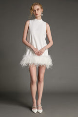 White Sleeveless Mock Neck Feather-Trimmed Mini Dress