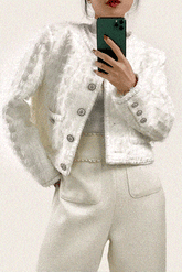 White Frayed Pocket Detail Round Neck Button-Up Tweed Jacket
