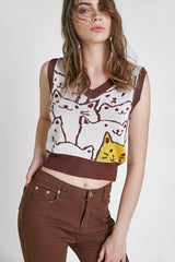 Saddle Brown Cat Print Knitted Vest