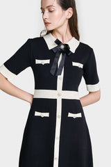 Black Contrast Trim Bow Brooch Knit Dress