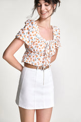 Peru Textured Floral Print Tie Detail Lace Trim Cropped Blouse