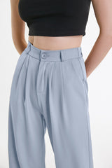 Light Steel Blue Half Elastic Pleat Detail Wide Leg Suit Pants