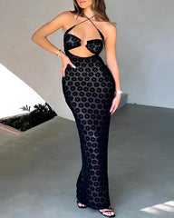 Women's Mesh Elegant Flower Suspender Hollow Long Dress