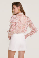 Pink Floral Print Tie Neck Ruffled Chiffon Blouse