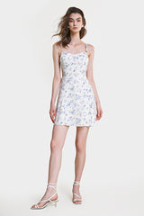 Ivory Floral Print Tie Strap Smocked Detail Mini Dress