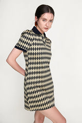 Black Diamond Check Knitted Polo Collar Mini Dress