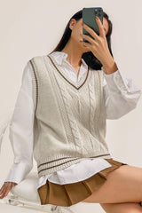 Ivory Cable Knit Striped Trim Sweater Vest