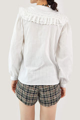 White Crew Neck Lace-Trim Pantern Sleeve Blouse