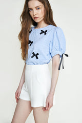 Cornflower Blue Textured Bowknot Decor Puff Sleeve Blouse