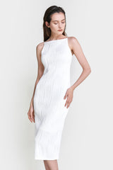 White Faux Pearl Strap Pleated Midi Dress
