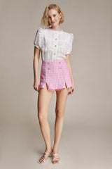 Pink Houndstooth Button Detail Split Hem Mini Skirt