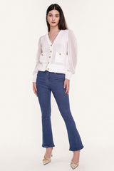 White Sheer Long Sleeve Pointelle-Knit Cardigan With Gold Buttons