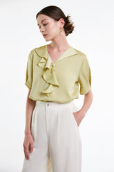 Yellow Green Flounce-Trimmed Short Sleeve Blouse
