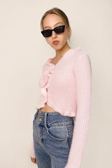 Pink Ruffle Trim Ribbed Knit Fitted Cardigan