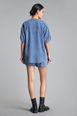 Royal Blue Frayed Denim Longline Button-Up Top & Shorts Two-Piece Set