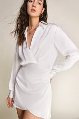 White Satin Gathered Detail V-Neck Long Sleeve Shirt Mini Dress