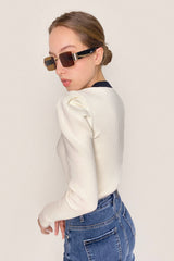 Ivory Ribbed Contrast Trim Sweater