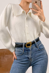 White Collared Ribbed Knit Cardigan