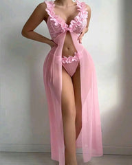 Low-Cut Floral See-Through Mesh Suspender Maxi Dress Set