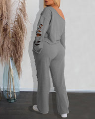 Women's Ripped Asymmetrical Neckline Pullover and Wide-leg Pants Casual Sportswear Set