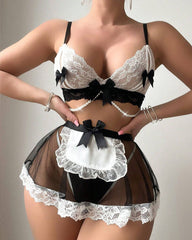 Lace See-through Colorblock Maid Uniform Lingerie Set