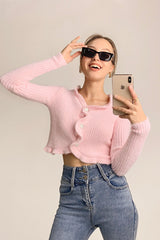 Pink Ruffle Trim Ribbed Knit Fitted Cardigan