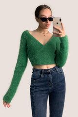 Green Mohair Fuzzy Surplice Cropped Sweater