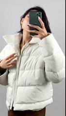 White Stand Collar Zip Puffer Jacket