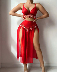 Tassel-decorated Deep V-neck Bra and High-slit Long Skirt Lingerie Set