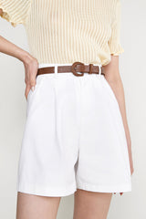White Belted High Rise Cotton-Blend Shorts