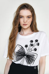 White 3D Flower & Bowknot Decor T-shirt